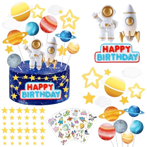 LETTERASHQP Astronauten Tortendeko, 58 Stück Astronauten Kuchen Deko Weltraum Kindergeburtstag Weltraum Tortendeko Astronaut Planeten Deko für Kindergeburtstag Astronauten Party Junge Mädchen von LETTERASHQP