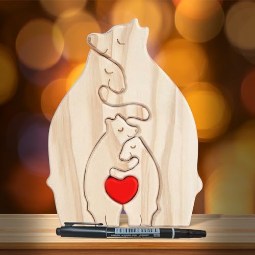 LETTERASHQP Bärenfamilie Holzkunst,Personalisiertes Holzkunstpuzzle, Desktop Ornament Home Tischdekoration, Familie Andenken Geschenke für Muttertag Vatertag (4 Bären) von LETTERASHQP