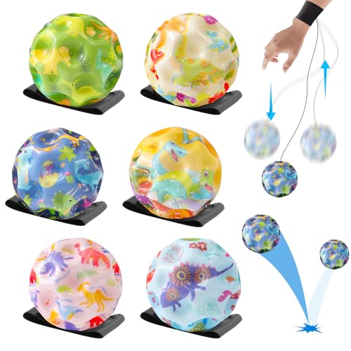 LETTERASHQP Ball Mit Schnur Kinder 6 Stück Springball mit Schnur Dinosaurier Bouncing Ball Toy Handgelenk Returnball Moon Space Ball Hohe Springender Gummiball Wrist Ball für Kinder Innen und Außen von LETTERASHQP