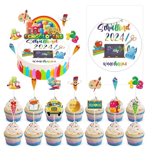 LETTERASHQP Tortenaufleger Einschulung 23 Stück Tortendeko Schulanfang Schulkind Tortenaufleger Essbare Einschulung Kuchendeko Schulanfang Cupcake Topper für Schulkind 2024 Mädchen Junge Geschenk von LETTERASHQP