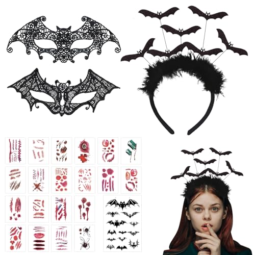 LETTERASHQP Fledermaus Haarreif, Fledermaus haarreif damen,Schwarz Fledermaus Haarreif mit Fledermaus Maske und Halloween Narben Tattoo für Halloween Karneval Fasching von LETTERASHQP