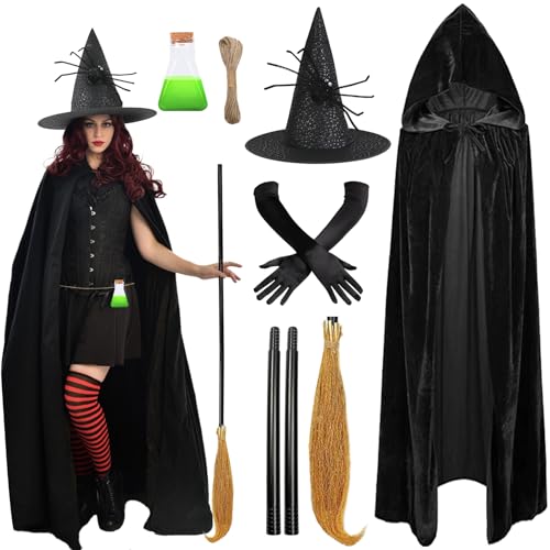 LETTERASHQP Halloween Hexenkostüm Damen Hexenkostüm Mädchen Hexenumhang Hexenhut Damen Halloween Kostüm Damen Hexenkostüm Kinder Hexenbesen Halloween Hexen Accessoires für Halloween Karneval Kostüm von LETTERASHQP