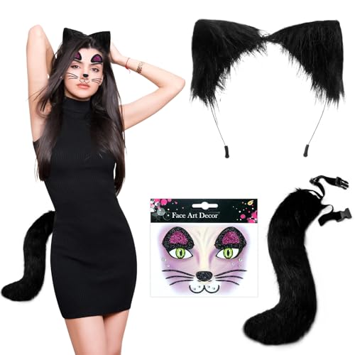 LETTERASHQP Katzenkostüm Kinder Erwachsene Katzenohren Haarreif Katzenschwanz Katze Gesicht Tattoos Aufkleber Tier Kostüm Set Halloween Karneval Kostüm Cosplay Zubehör für Damen Mädchen von LETTERASHQP