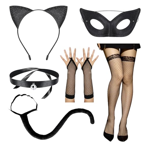 LETTERASHQP Katzenkostüm Damen Katzenohren Haarreif Katzenschwanz Katzenkostüm Halloween Katzenkostüm Zubehör Damen Katzenkostüm Erwachsene Tier Kostüm Set mit Netzstrümpfe für Halloween Cosplay Party von LETTERASHQP