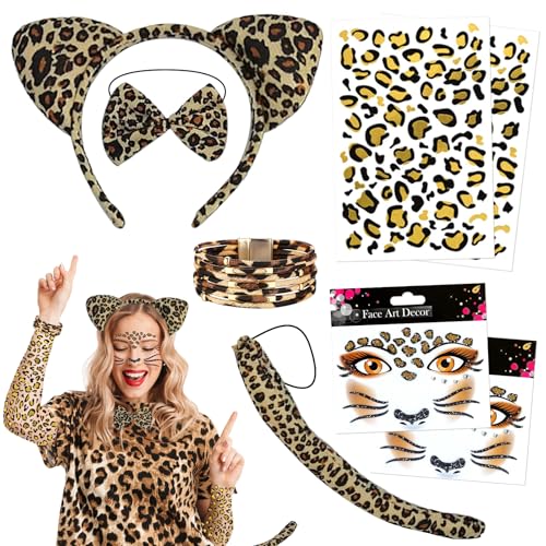 LETTERASHQP Leopard Kostüm Set Leoparden Kostüm Damen Leopard Kostüm Kinder Leoparden Ohren Haarreif Leopard Schwanz Tierkostüm Kinder Erwachsene für Fasching Karneval Cosplay Party von LETTERASHQP