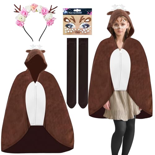 LETTERASHQP Rentier Kostüm Damen Rentier Geweih Haarreif Reh Cape mit Kapuze Damen Geweih Kostüm für Fasching Karneval Halloween Mottoparty Kostüm Accessoires von LETTERASHQP