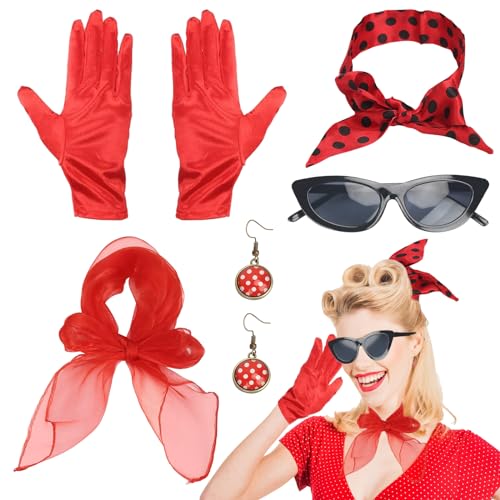 LETTERASHQP 5 Stück Rockabilly Accessoires Damen Rot 50er Jahre Accessoires Damen Rockabilly Zubehör Damen 50er Jahre Outfit Damen Rockabilly Damen Körperwellen-Perücken für Kostümparty von LETTERASHQP