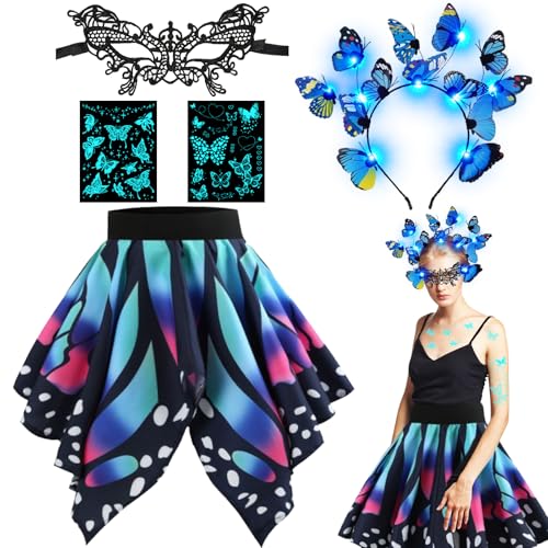 LETTERASHQP Schmetterling Kostüm Damen Rock Damen Schmetterling Karneval Schmetterling Rock Schmetterling Haarreif Augenmaske Karneval Kostüm Damen für Halloween Fasching Mottoparty Cosplay von LETTERASHQP