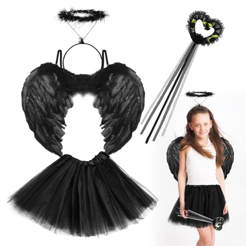 LETTERASHQP Schwarzer Engel Kinder, Kinder Mädchen Engel ,Schwarz Flügel,Engel Flüge, Heiligenschein und Zauberstab für Halloween Karneval Cosplay Party von LETTERASHQP