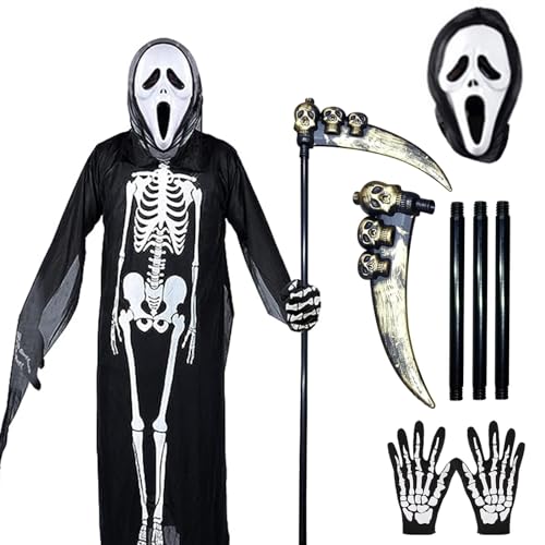 LETTERASHQP Sensenmann Kostüm,Halloween Kostüm Kinder Sensenmann Kette,Sensenmann Mantel Geeignet Halloween Party Maskerade mit Schädelmaske Handschuhen Sense von LETTERASHQP