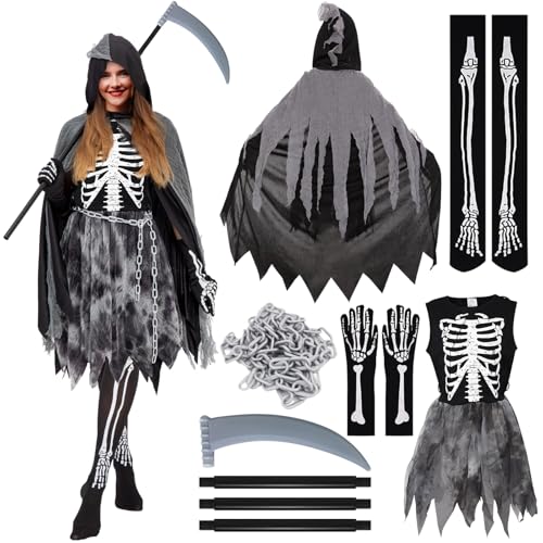 LETTERASHQP Sensenmann Kostüm Damen Sensenmann Kostüm Mädchen Halloween Kostüm Sensenmann Erwachsene Halloween Sensenmann Kostüm Halloween Kostüm Mädchen Halloween Sensenmann Kostüm Set Skelett Kostüm von LETTERASHQP