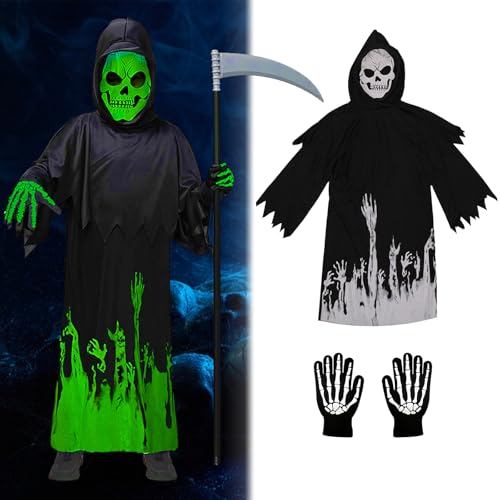 LETTERASHQP Sensenmann Kostüm Kinder Jungen 120cm Leuchtenden Halloween Kostüm Skelett Sensenmann Scream Kostüm Kinder Sensenmann Scream Kostüm Jungen mit Sense Handschuhen für Halloween von LETTERASHQP