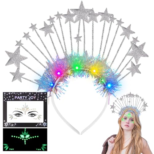 LETTERASHQP Sterne Haarreif Silber Leuchtendes Sterne Stirnband LED Sterne Göttin Stirnbänder Leuchtende Karneval Rave Kopfbedeckung Sparkly Party Kostüm Haarschmuck für Frauen und Mädchen von LETTERASHQP