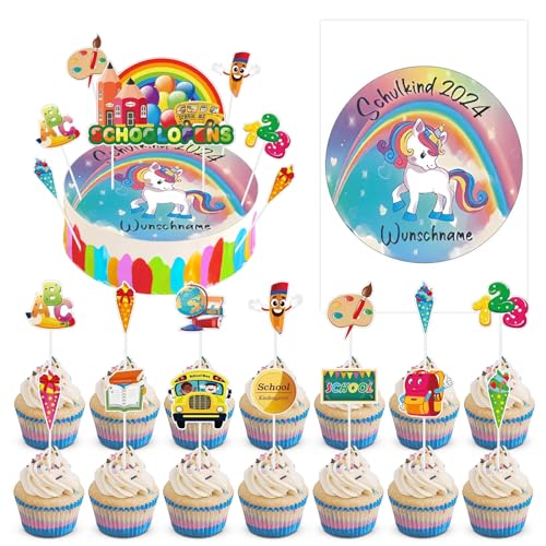 LETTERASHQP Tortenaufleger Einschulung 23 Stück Tortendeko Schulanfang Schulkind Tortenaufleger Essbare Einschulung Kuchendeko Schulanfang Cupcake Topper für Schulkind 2024 Mädchen Junge Geschenk von LETTERASHQP