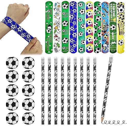 LETTERASHQP Fussball Mitgebsel 10 Fußball Bleistifte 10 Fußball Radiergummi 10 Fußball Slap Armbänder Fussball Geschenk Junge Party Mitgesel für Schule Schreibwaren kindergeburtstag von LETTERASHQP