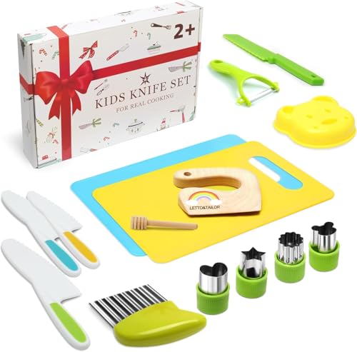 Kindermesser 16-teiliges Kinder Sicherheit Kochmesser Küchenmesser Set mit Gemüse Ausstechformen, Holzmesser, Schneidebrett - Perfektes Weihnachts- oder Geburtstagsgeschenk für Kinder von LETTO & TAILOR