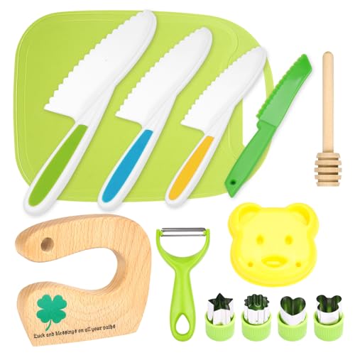 LETTO & TAILOR 13 teiliges Kindermesser Set Kinder Sicherheit Küchenmesser mit Gemüse Ausstechformen, Holzmesser, Schneidebrett - für Kinder (13-teiliges Kleeblatt-Set) von LETTO & TAILOR