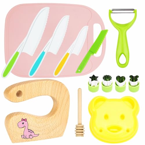 LETTO & TAILOR 13 teiliges Kindermesser Set Kinder Sicherheit Küchenmesser mit Gemüse Ausstechformen, Holzmesser, Schneidebrett - für Kinder (13-teiliges rosa Dinosaurier-Set) von LETTO & TAILOR