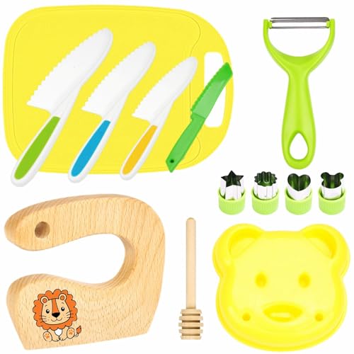 LETTO & TAILOR 13 teiliges Kindermesser Set Kinder Sicherheit Küchenmesser mit Gemüse Ausstechformen, Holzmesser, Schneidebrett - für Kinder ab 2 Jahren (13-teiliges Löwenset) von LETTO & TAILOR