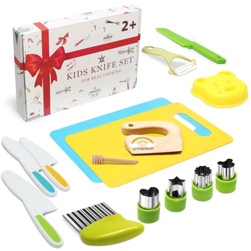 Kindermesser 16-teiliges Kinder Sicherheit Kochmesser Küchenmesser Set mit Gemüse Ausstechformen, Holzmesser, Schneidebrett - Perfektes Weihnachts- oder Geburtstagsgeschenk für Kinder von LETTO & TAILOR