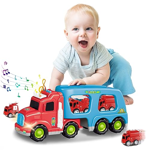 LEYAOYAO Feuerwehrauto Spielzeug für Kinder, Auto Spielzeug mit Ton und Licht, Der große Transportwagen mit 4 Kleinen Löschfahrzeugen,Geschenk für 2-5 Jährige Jungen und Mädchen von LEYAOYAO