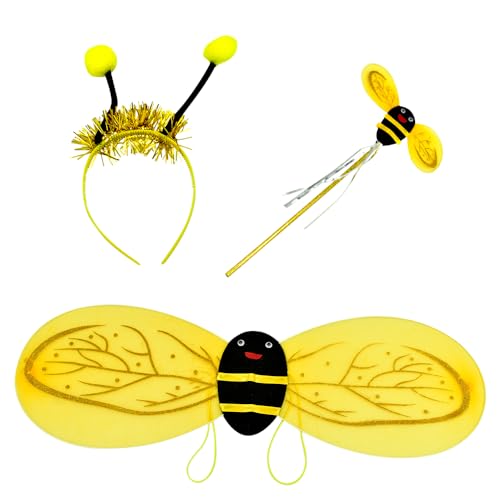 3 Stück Bienenkostüm Kinder,Bienen Haarreif Karneval Kostüm,Bienen kostüm Mädchen Bienenflügel Fee Zauberstab Stirnband Anzieh Kostüm Set Cosplay Ladybug für Kostüm mit Flügel für Rollenspiele von LEZYHIU