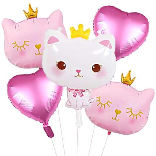 LEZYHIU 5 Stücke Katze Folienballons,Kronen-Katzenballon,Pink Katzen Helium Luftballons Katze Geburtstag Deko Katze Rosa Herzfolienballons Geschenk Mitgebsel für Kinder Geburtstag Party Baby Shower von LEZYHIU