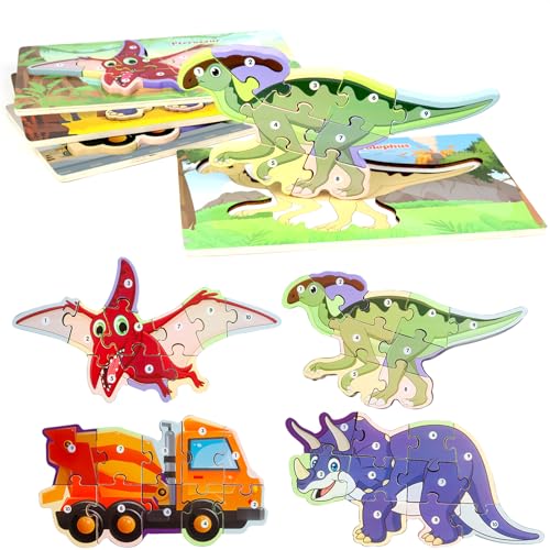 LEcylankEr Puzzle ab 2 3 4, Holzpuzzle Kinder aus 9-10 Stück, Tier/Dinosaurier/Auto Steckpuzzle 2 3 4 Jahre, Montessori Spielzeug Geschenke für Jungen Mädchen (Dinosaurier-A) von LEcylankEr