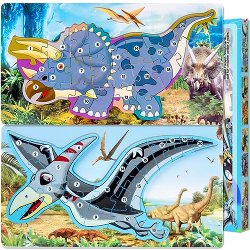 LEcylankEr Puzzle 2 3 4 Jahre Dino Puzzle aus 20 Stück Steckpuzzle Holz ab 2 3 4, Montessori Holzpuzzle Spielzeug für Jungen Mädchen (Pteranodon + Triceratops) von LEcylankEr