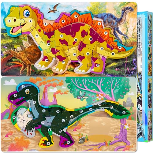 LEcylankEr Puzzle 2 3 4 Jahre Dino Puzzle aus 20 Stück Steckpuzzle Holz ab 2 3 4, Montessori Holzpuzzle Spielzeug für Jungen Mädchen (Stegosaurus + Eierräuber) von LEcylankEr