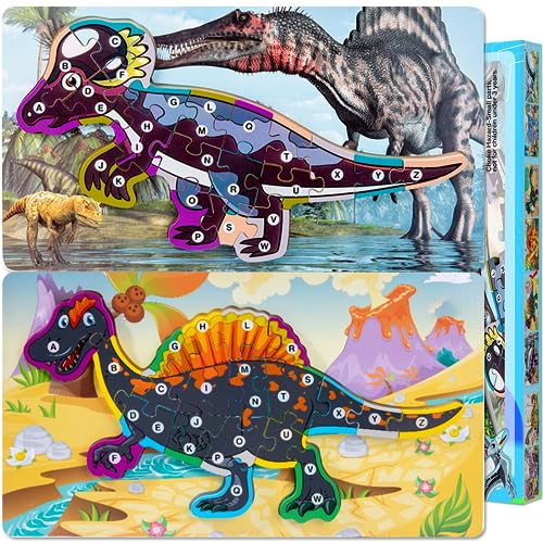 LEcylankEr Puzzle 2 3 4 Jahre Dino Puzzle aus 26 Stück Steckpuzzle Holz ab 2 3 4, Montessori Holzpuzzle Spielzeug für Jungen Mädchen (Doppelkronendrache + Stacheldrache) von LEcylankEr