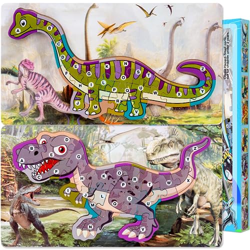 LEcylankEr Puzzle 2 3 4 Jahre Dino Puzzle aus 26 Stück Steckpuzzle Holz ab 2 3 4, Montessori Holzpuzzle Spielzeug für Jungen Mädchen (Tyrannosaurus + Langhalsdrache) von LEcylankEr