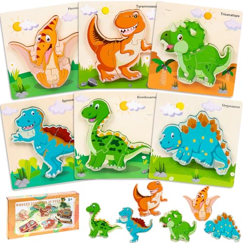 LEcylankEr Puzzle ab 1 2 3, 6 Stück Holzpuzzle Kinder, Dinosaurier/Auto Steckpuzzle 1 2 3 Jahre, Montessori Spielzeug Geschenke für Jungen Mädchen (Dinosaurier) von LEcylankEr