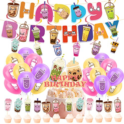 Bubble Tea Party Dekorationen Boba Tea Geburtstag Party Supplies Includes Boba Tea Birthday Banner Cake Topper Cupcake Toppers Ballons Spiralen für Boba Tea Party Dekorationen Party Favors von LFCFDX