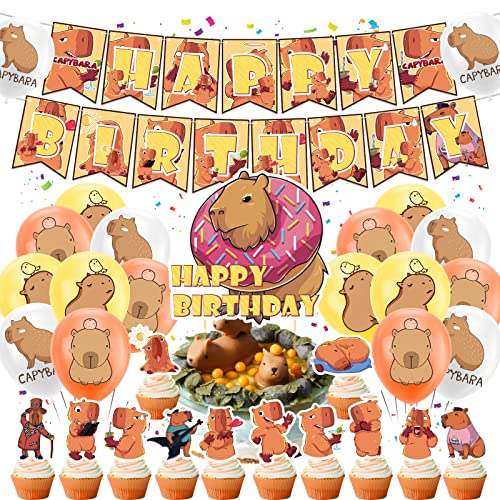 LFCFDX Capybara Geburtstag Partei Dekorationen - Capybara Partei Zubehör mit Banner, Toppers, Cupcakes, Kuchen-Topper, Ballons in Gelb, Orange, Weiß von LFCFDX