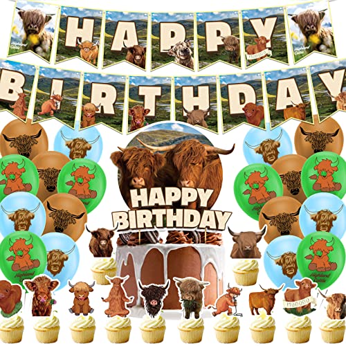 Hochland Kuh Geburtstag Dekorationen Hochland Rinder Party Supplies Beinhaltet Hochland Kuh Happy Birthday Banner Kuchen Topper Cupcake Topper Ballons für Hochland Kuh Party Farm Tier Geburtstagsparty von LFCFDX