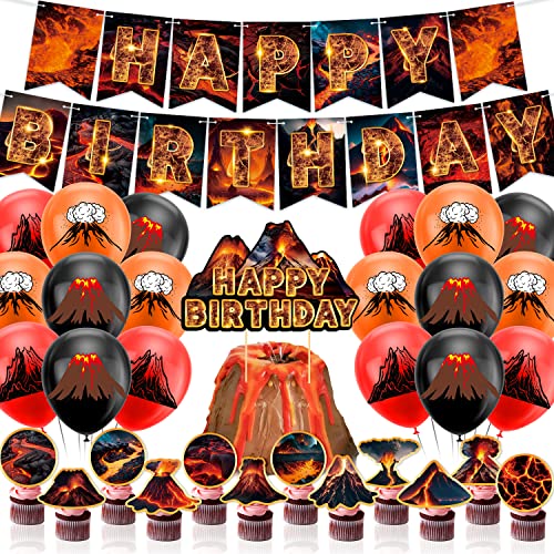 Lava Party Dekorationen Vulkan Geburtstag Party Dekorationen Inklusive Lava Banner Vulkan Kuchen Cupcake Toppers Ballons für Wissenschaft Dinosaurier Party Luau Hawaiian Party von LFCFDX