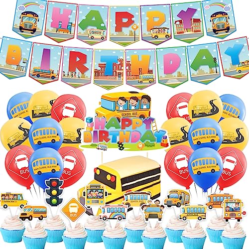 Schulbus Geburtstagsfeier Dekorationen Schulbus Party Zubehör Inklusive Schulbus Happy Birthday Banner Kuchen Cupcake Toppers Ballons für Schulbus Party Bevorzugungen Zurück zur Schule Party Zubehör von LFCFDX