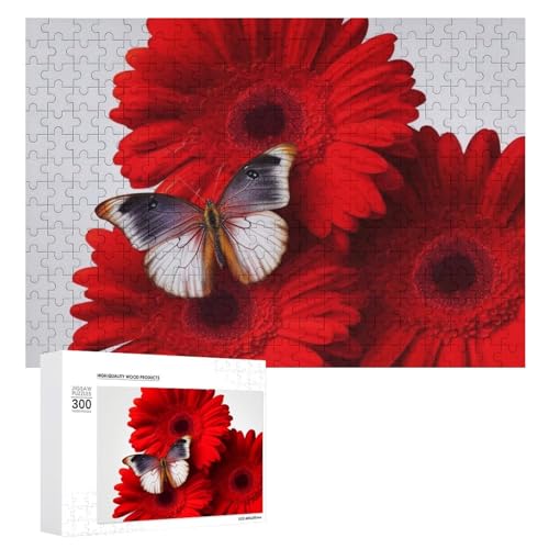 300-teiliges Puzzle für Erwachsene, rote Blume und Schmetterling, Holzpuzzle, Geschenk, anspruchsvolles Puzzle für Familienspielabende, Puzzles für Heimdekoration, 28,9 x 40,6 cm von LFDSEPYM
