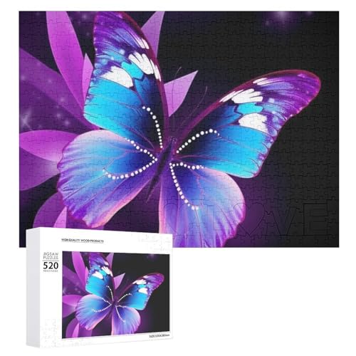 Blau Lila Schmetterling Puzzle für Erwachsene, 520 Teile, einzigartiges Holzpuzzle, Geschenk, herausforderndes Puzzle für Familienspielabende, 38,1 x 50,8 cm von LFDSPYJE