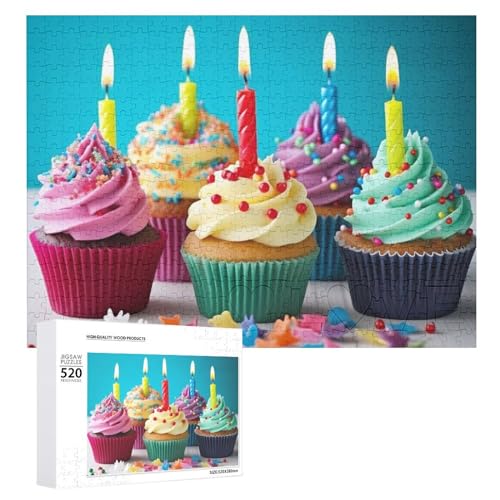 Buntes Happy Birthday Cupcakes Puzzle für Erwachsene, 520 Teile, einzigartiges Holzpuzzle, Geschenk, anspruchsvolles Puzzle für Familienspielabende, 38,1 x 50,8 cm von LFDSPYJE