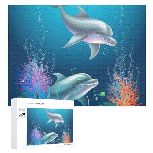 Delphin- und Fisch-Puzzle für Erwachsene, 520 Teile, einzigartiges Holzpuzzle, Geschenk, herausforderndes Puzzle für Familienspielabende, 38,1 x 50,8 cm von LFDSPYJE