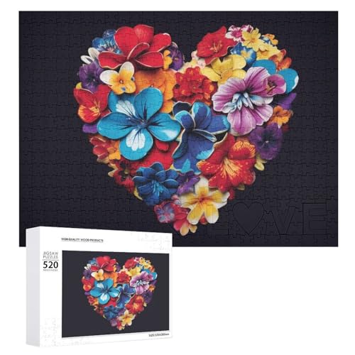 Farbiges Herz-Blumen-Puzzle für Erwachsene, 520 Teile, einzigartiges Holzpuzzle, Geschenk, anspruchsvolles Puzzle für Familienspielabende, 38,1 x 50,8 cm von LFDSPYJE