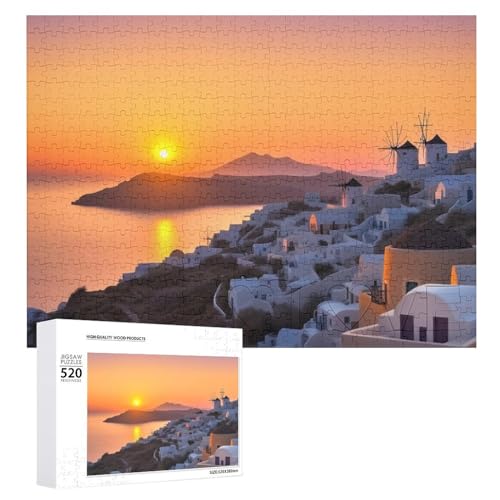 Griechenland Island Sonnenuntergang Landschaft Puzzle für Erwachsene, 520 Teile, einzigartiges Holzpuzzle, Geschenk, herausforderndes Puzzle für Familienspielabende, 38,1 x 50,8 cm von LFDSPYJE
