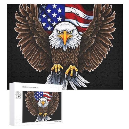 Puzzle mit USA-Flagge, Patriotischer Adler, für Erwachsene, 520 Teile, einzigartiges Holzpuzzle, Geschenk, herausforderndes Puzzle für Familienspielabende, 38,1 x 50,8 cm von LFDSPYJE