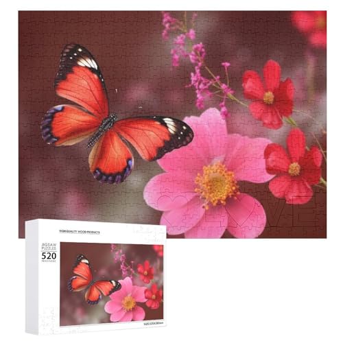 Rote Blume und Schmetterling Puzzle für Erwachsene, 520 Teile, einzigartiges Holzpuzzle, Geschenk, herausforderndes Puzzle für Familienspielabende, 38,1 x 50,8 cm von LFDSPYJE