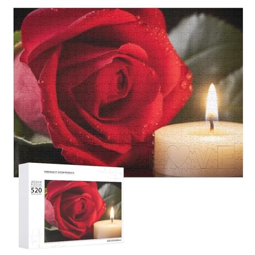 Rote Rose mit Kerze, Puzzle für Erwachsene, 520 Teile, einzigartiges Holzpuzzle, Geschenk, herausforderndes Puzzle für Familienspielabende, 38,1 x 50,8 cm von LFDSPYJE