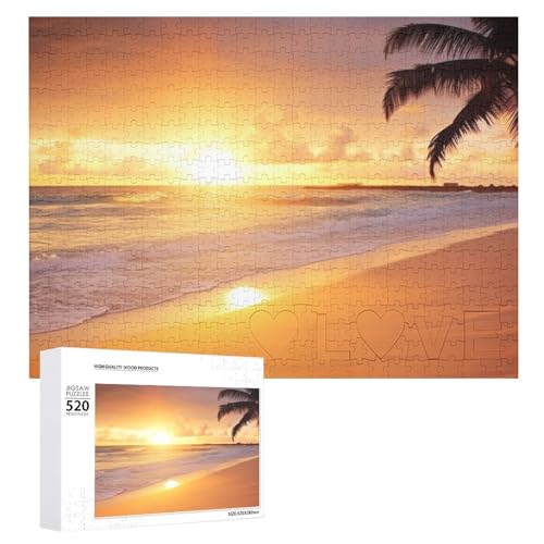Tropischer Strand Sonnenuntergang Puzzle für Erwachsene, 520 Teile, einzigartiges Holzpuzzle, Geschenk, herausforderndes Puzzle für Familienspielabende, 38,1 x 50,8 cm von LFDSPYJE