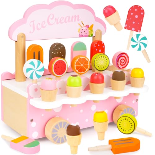 Eiscreme Wagen Kinder, 3-in-1-Spielküche Zubehör mit EIS, Spielzeug ab 3 Jahre, Eisdiele Kinder Holz mit Aufbewahrung, Eisständer Kaufladen Rollenspiel, Kinderküche Montessori Geburtstagsgeschenke von LFENYIGI