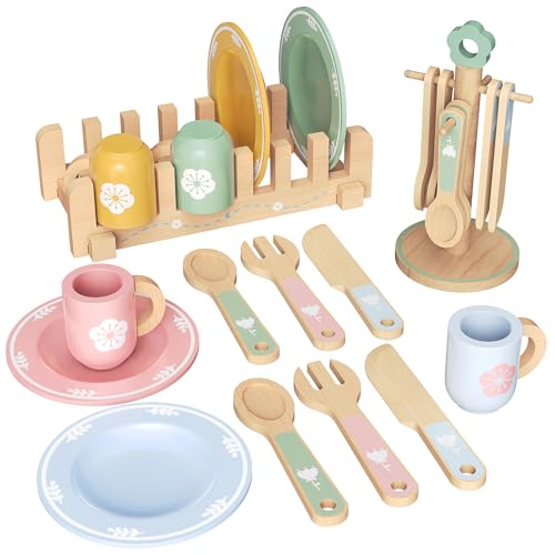 Kinderküche Geschirr Teeservice Kinder Holz, 29 Pcs Montessori Küchenzubehör mit Tassen Teller, Spielküche Zubehör Geschirr Teeservice Kinder Küchenzubehör Geschenk für Mädchen Jungen 4 5 6 7 8 Jahre von LFENYIGI